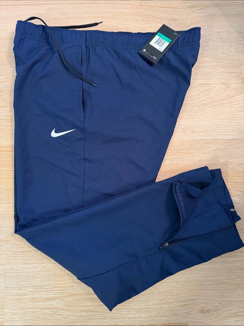New Nike Navy Blue Athletic Track Pants with White Swoosh and Pockets